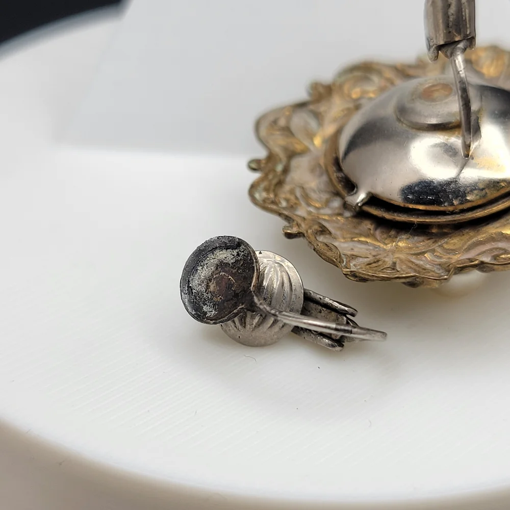 Vintage Art Nouveau Brass Faux Cluster Pearl Sterling Clip-On Earrings *AS-IS* - Picture 13 of 15
